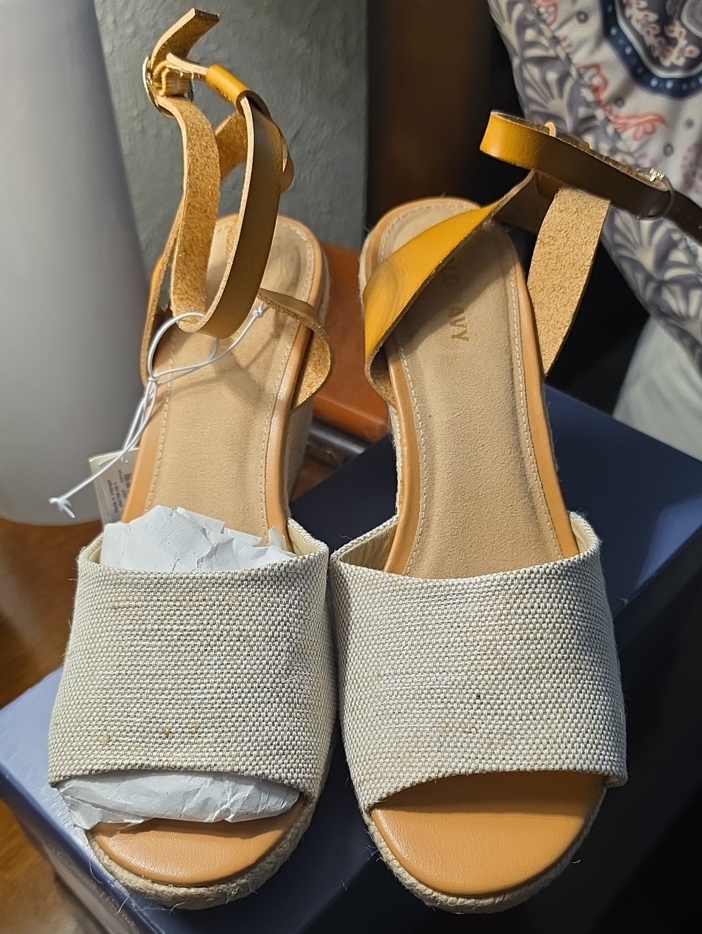 Old Navy Cream Canvas Espadrille Wedges with Mustard Ankle Strap